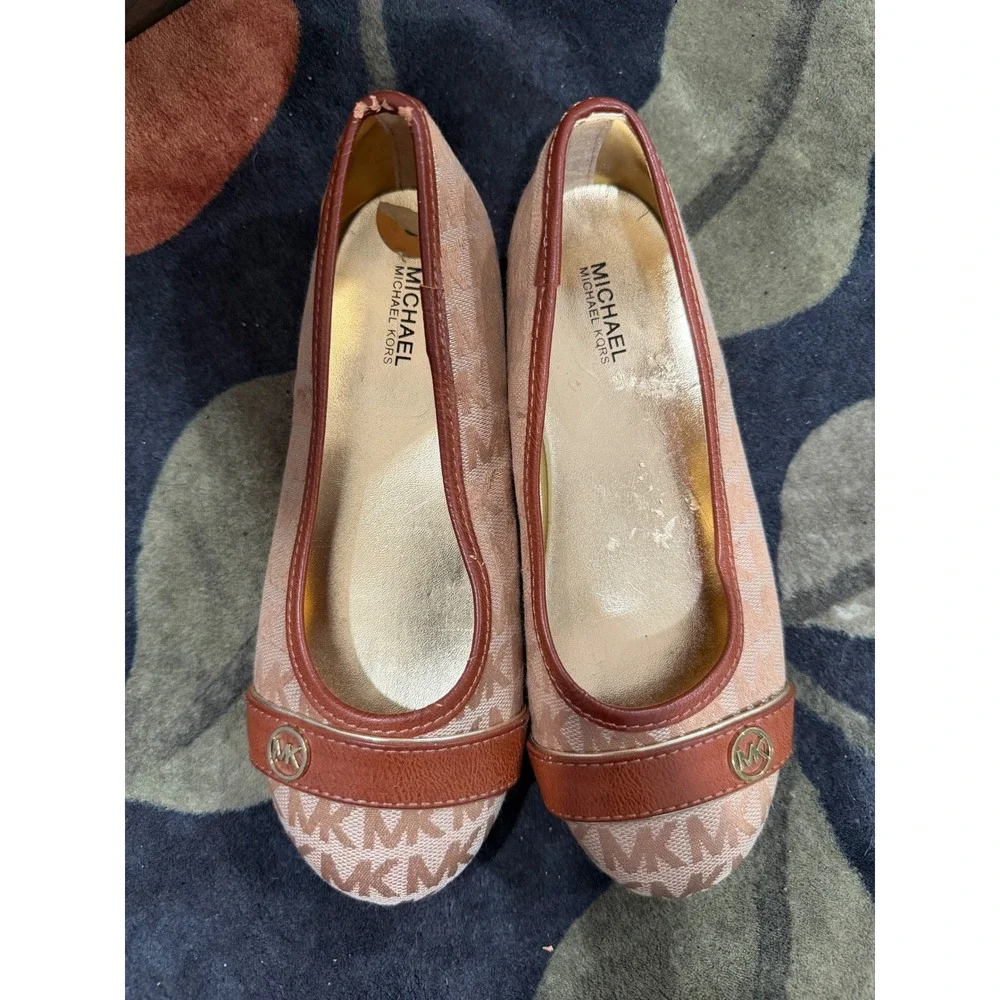 Michael Kors Kids Girls Beige Brown Logo Monogram Ballet Flats Size 3 Slip On